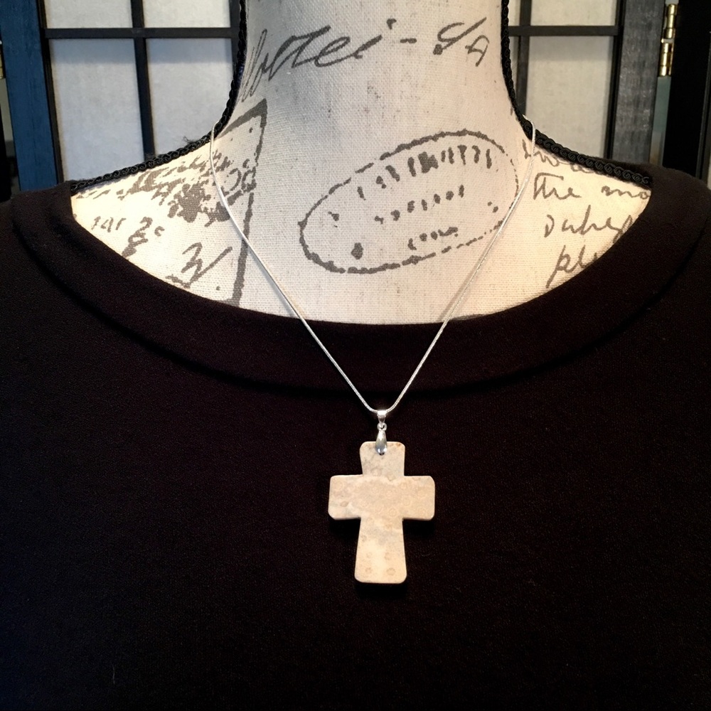 Coral Fossil Cross Necklace